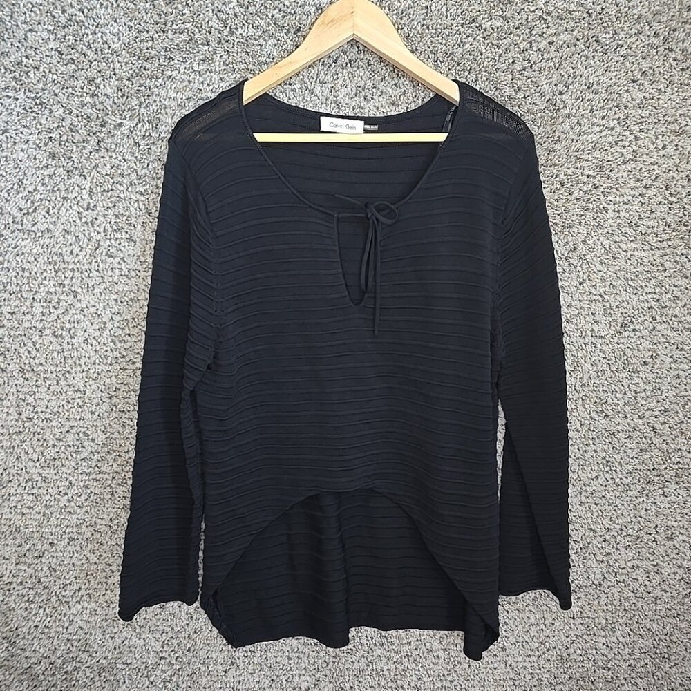 Calvin Klein Top‎ Womens XL Black Textured V Neck Hi Low Blouse Neck Tie Ladies